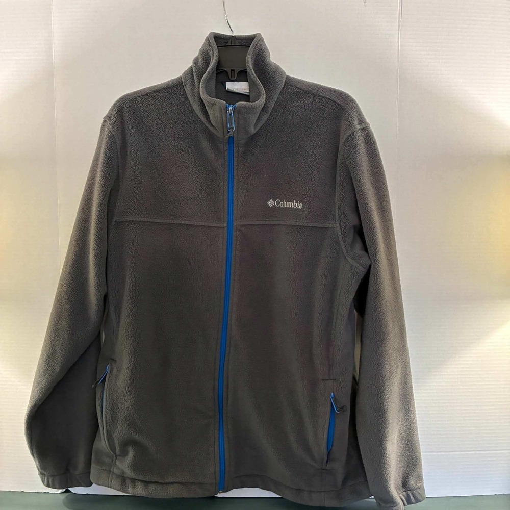 Columbia Fleece Jacket Mens L Gray Full Zip Blue Trim Outdoor Hiking